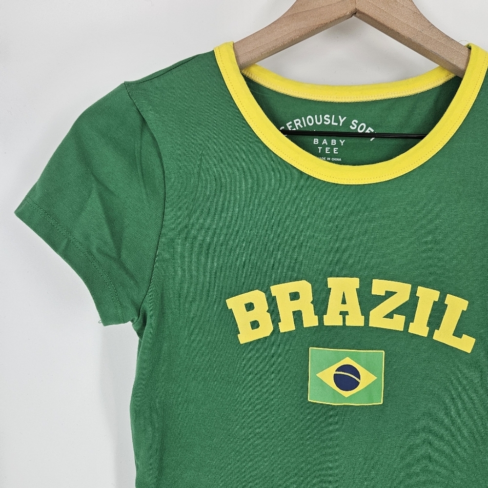 Aeropostale Green Seriously Soft Brazil Graphic Ringer Baby Tee - Picture 3 of 9
